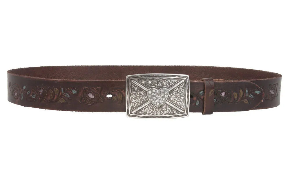 1 1/2" Snap On Floral Tree Engraved Oil Tanned Vintage Full Grain Leather Rectangular Rhinestone Heart & Flower Belt