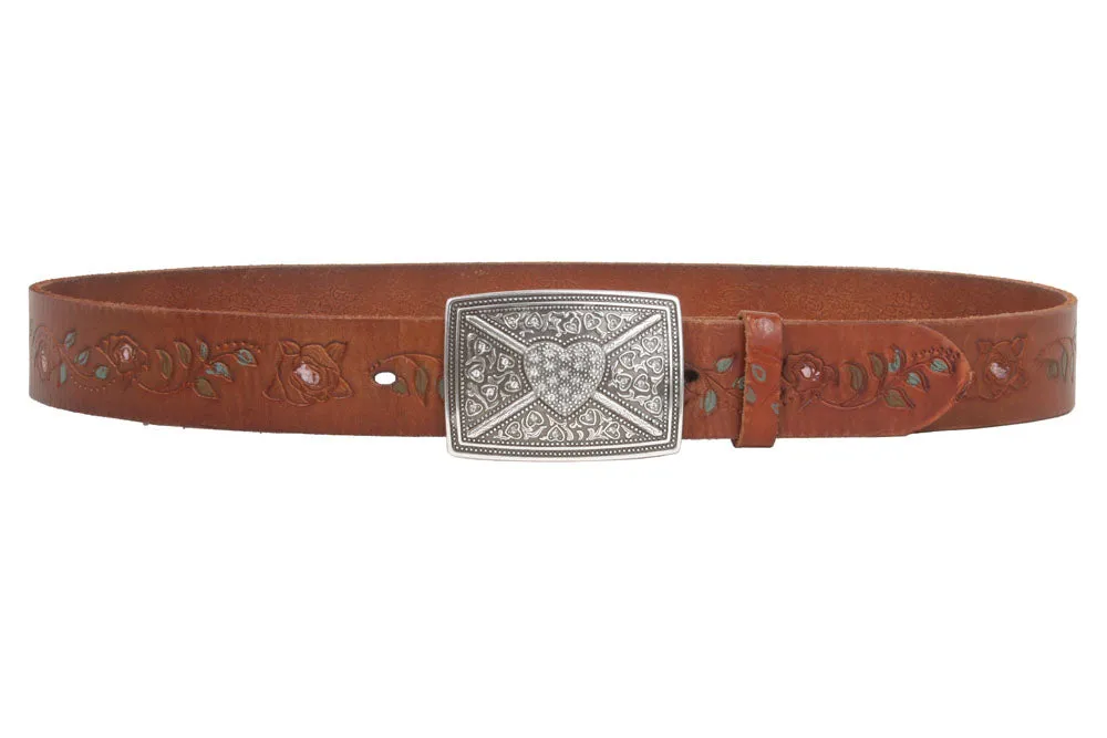 1 1/2" Snap On Floral Tree Engraved Oil Tanned Vintage Full Grain Leather Rectangular Rhinestone Heart & Flower Belt