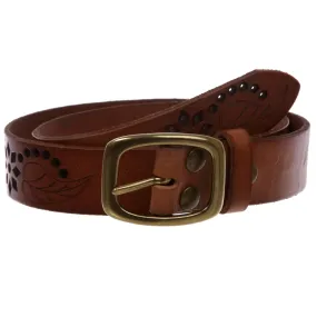 1-1/4" Perforated Oval Embossed Casual Vintage Leather Jean Belt