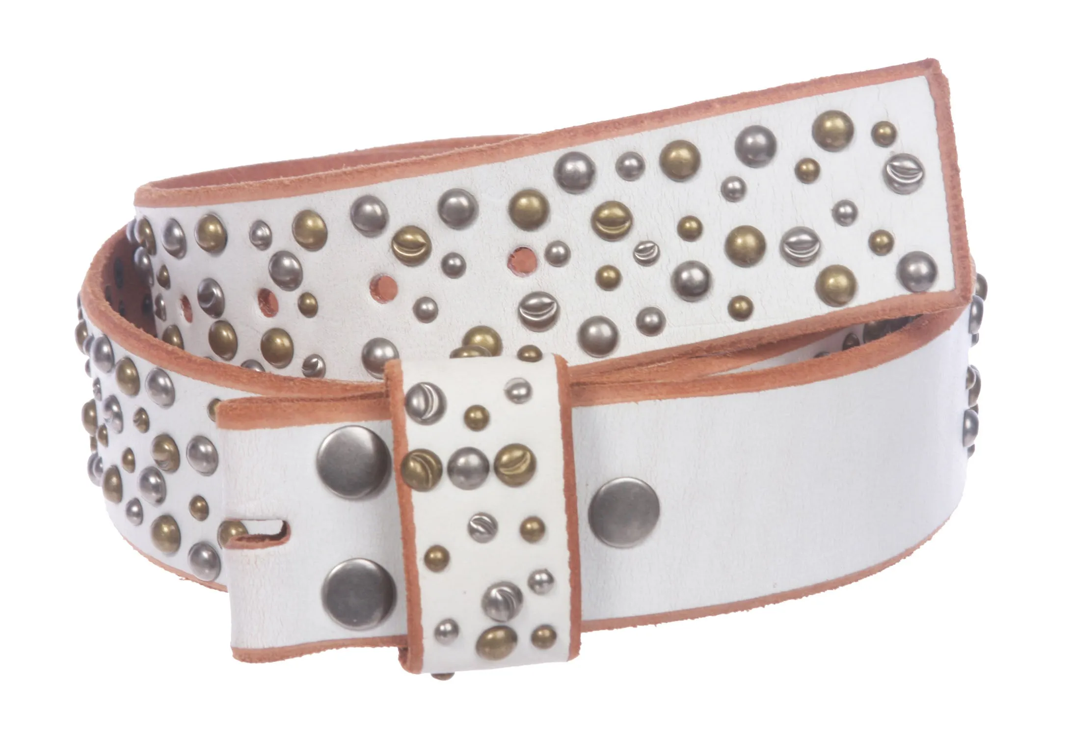 1 3/4 Inch Snap On Multi-rivet Studded Beveled Edged Full Grain Leather Belt Strap