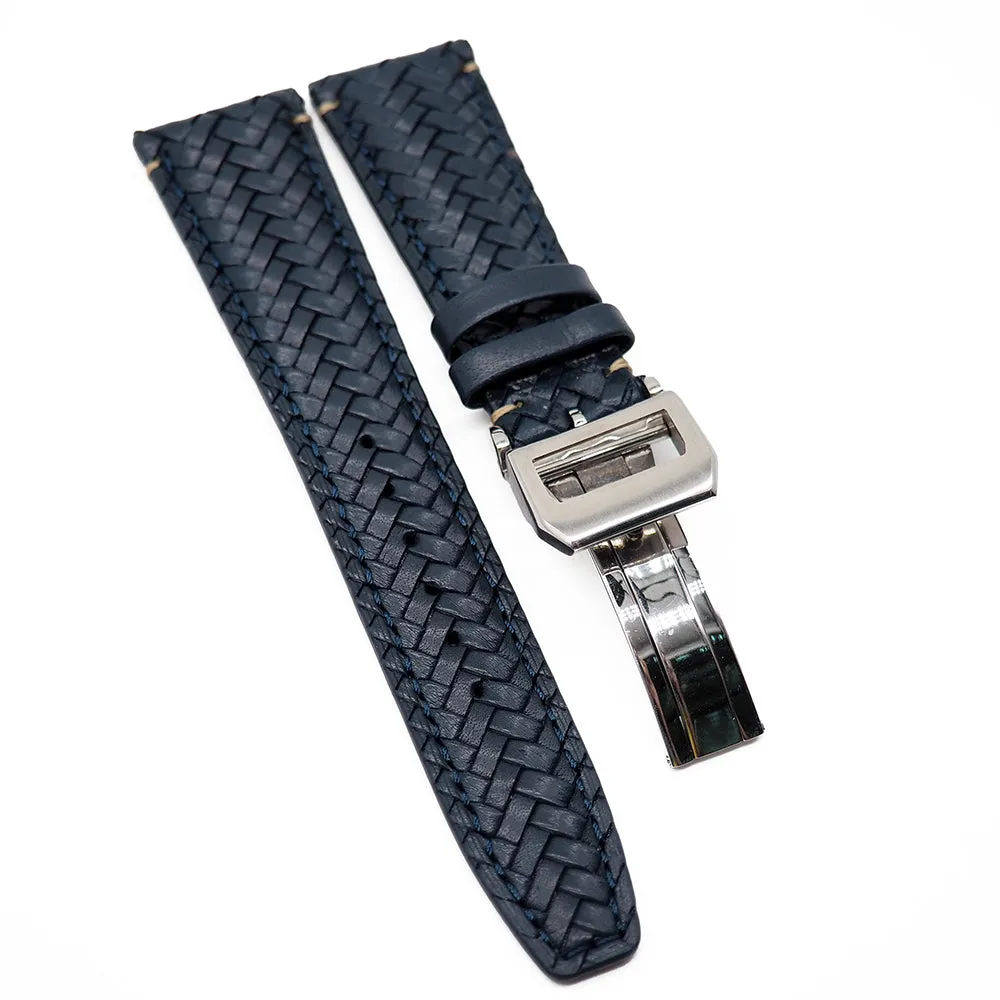 20mm, 21mm, 22mm Denim Blue Weave Pattern Calf Leather Watch Strap For IWC