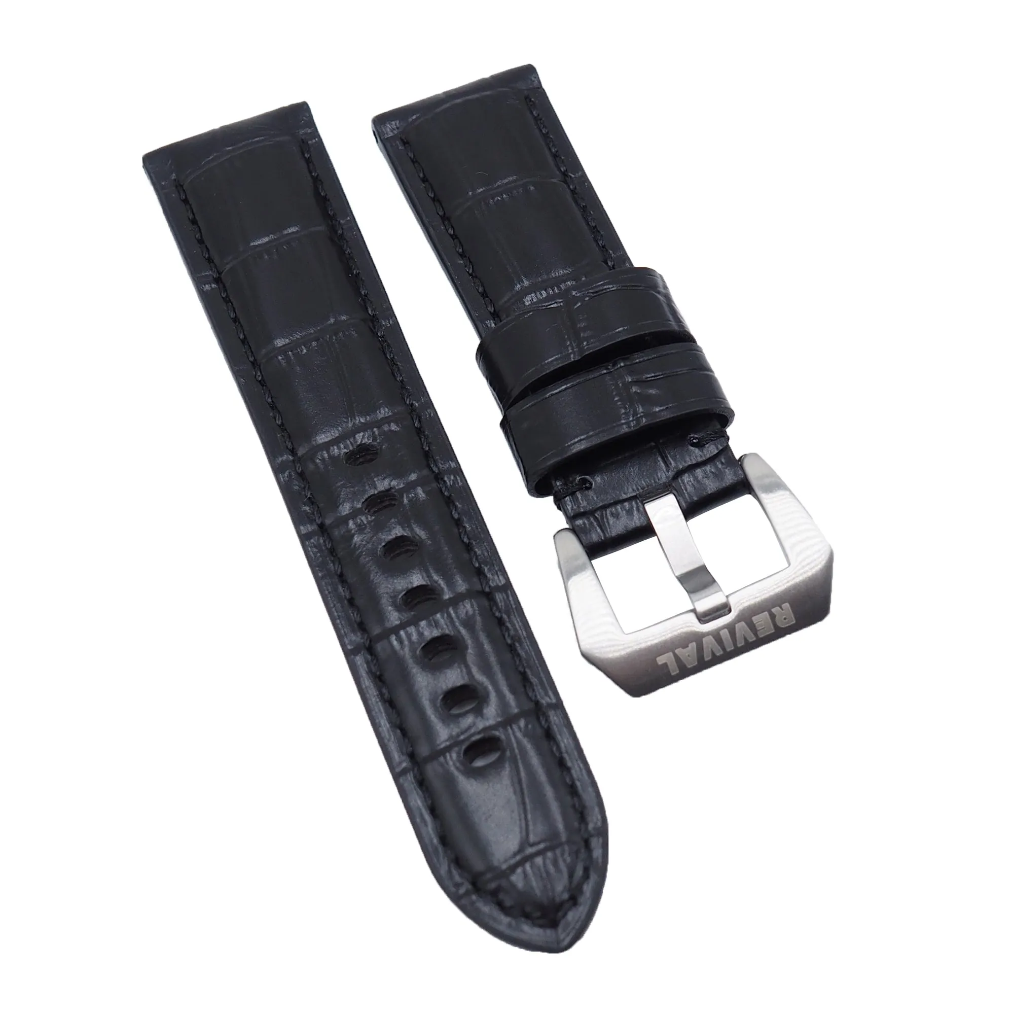 24mm Black Alligator Embossed Calf Leather Watch Strap, Black Stitching For Panerai