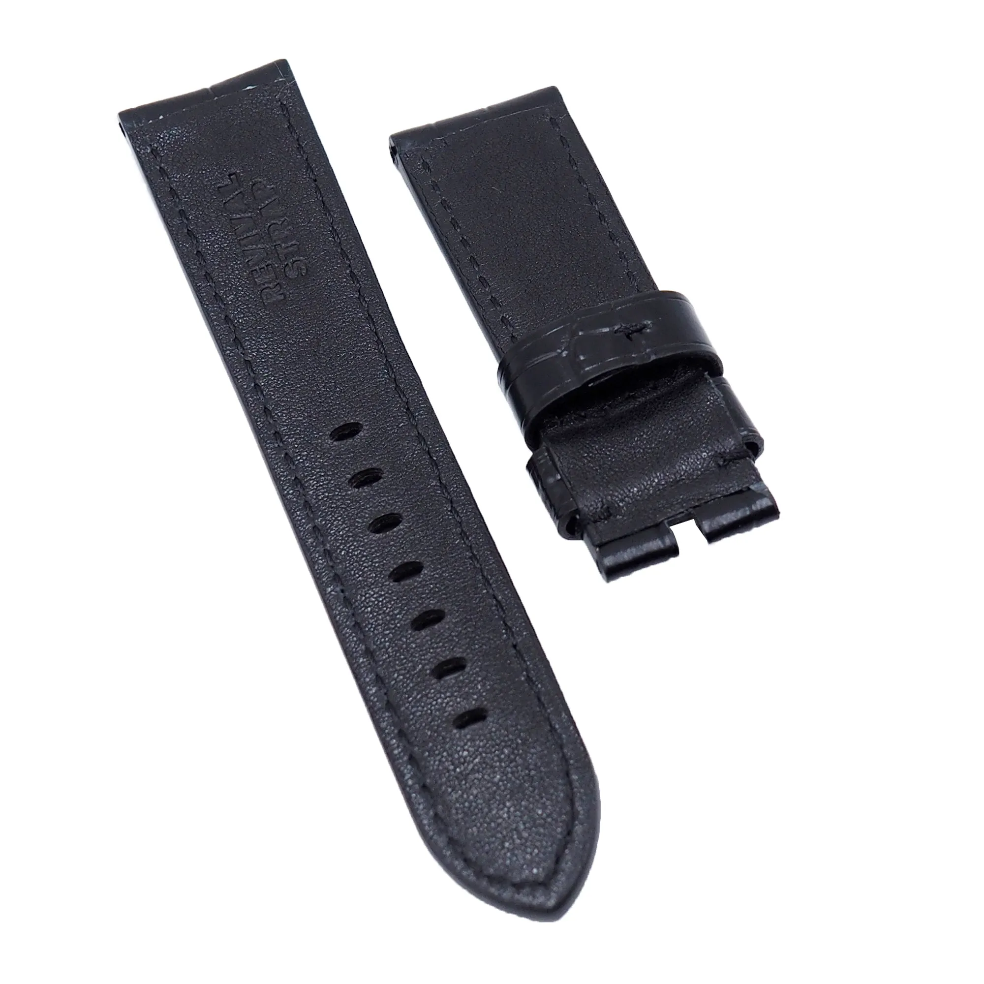 24mm Black Alligator Embossed Calf Leather Watch Strap, Black Stitching For Panerai