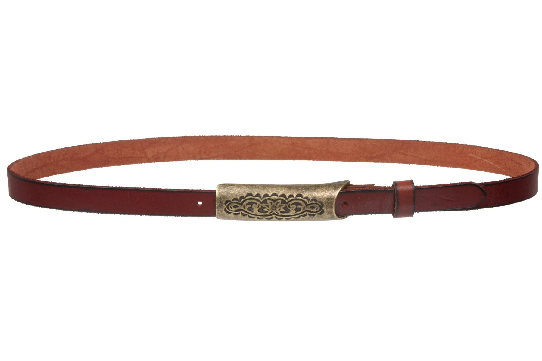 3/4" (19mm) Engraved Floral Rectangular Skinny Vintage Oil Tanned Solid Leather Casual Belt