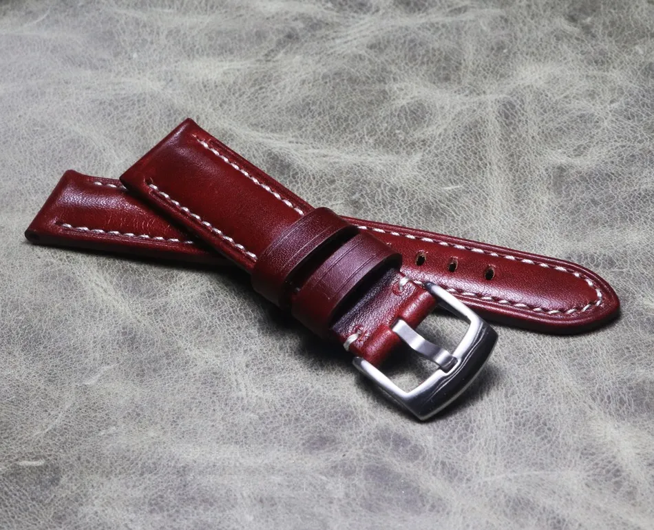 Handmade Polished Burgundy 20mm 22mm Gt2 Genuine Leather Strap Cowhide Strap Customization Thickened Bracelet