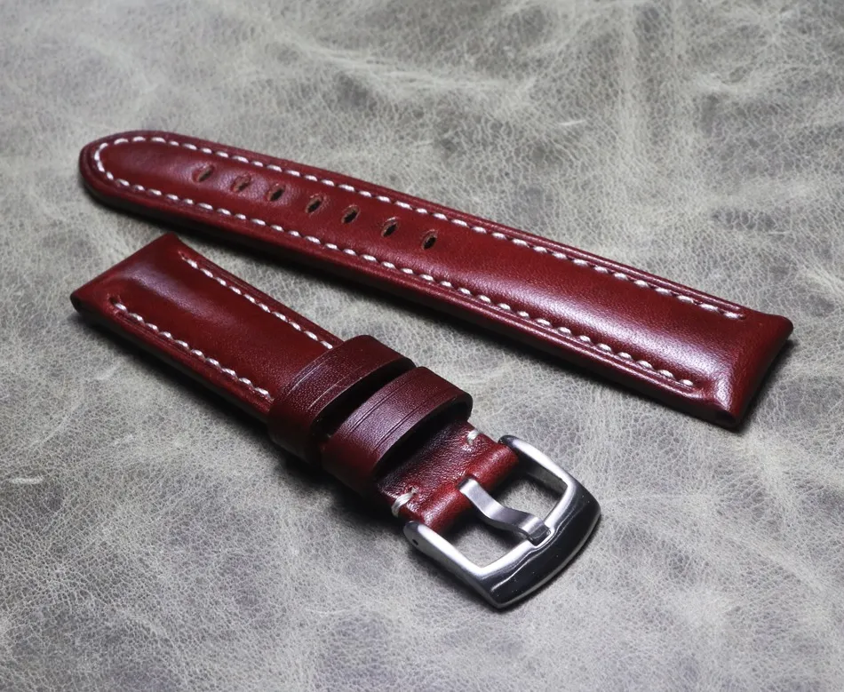 Handmade Polished Burgundy 20mm 22mm Gt2 Genuine Leather Strap Cowhide Strap Customization Thickened Bracelet