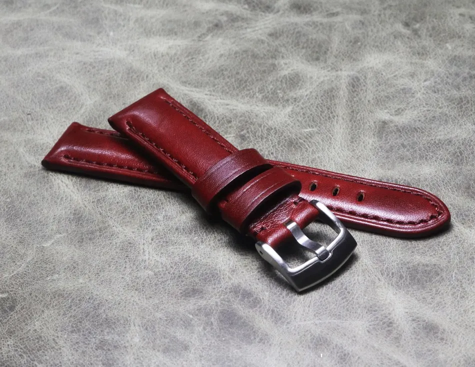 Handmade Polished Burgundy 20mm 22mm Gt2 Genuine Leather Strap Cowhide Strap Customization Thickened Bracelet