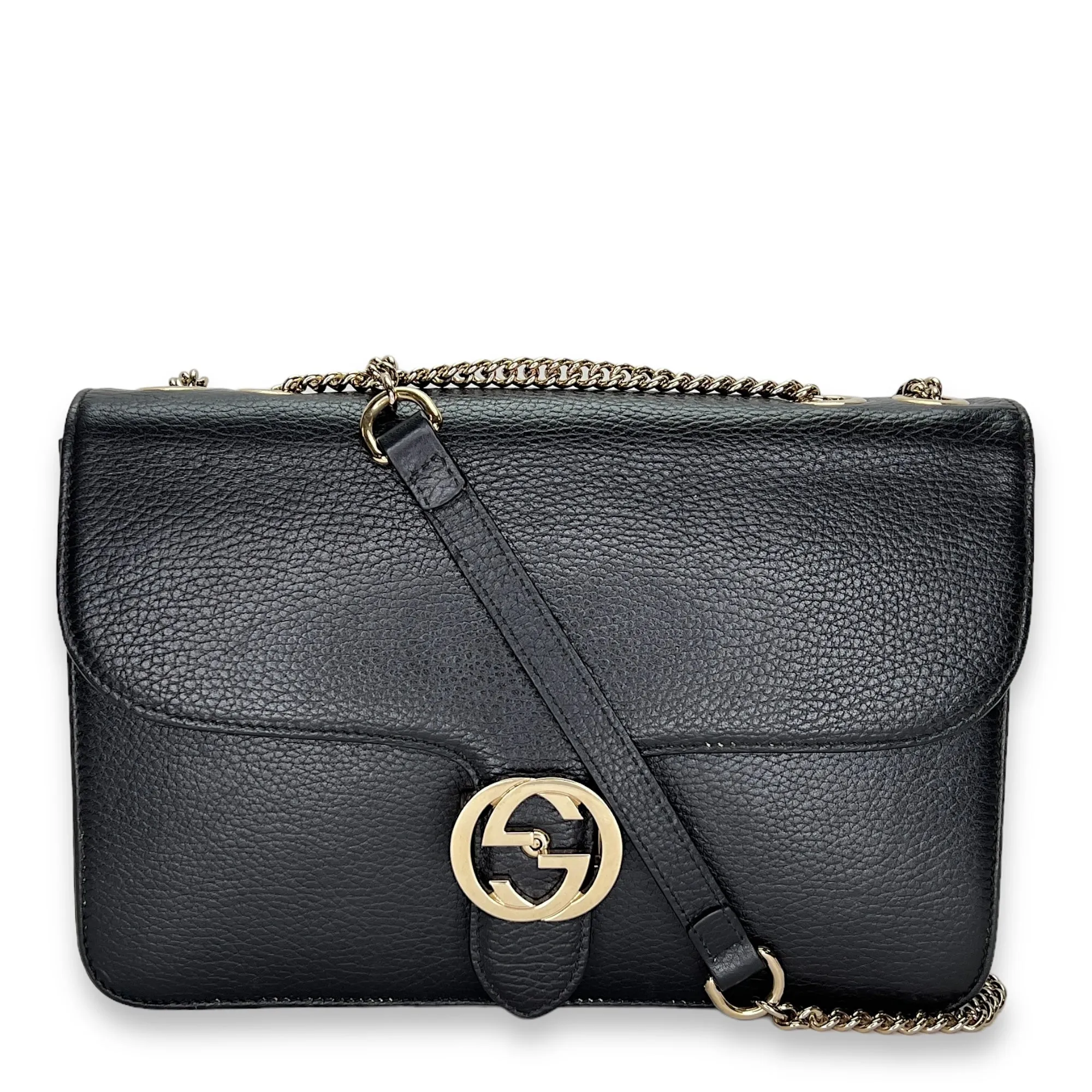 Interlocking G Black Crossbody Bag in Calfskin, Light Gold hardware