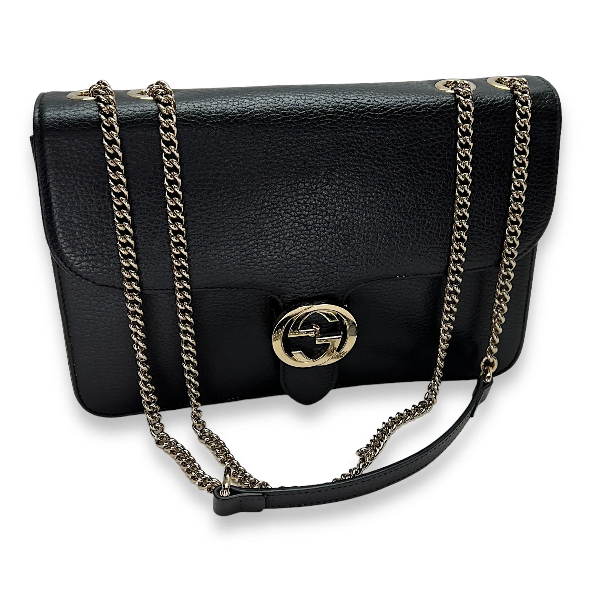 Interlocking G Black Crossbody Bag in Calfskin, Light Gold hardware