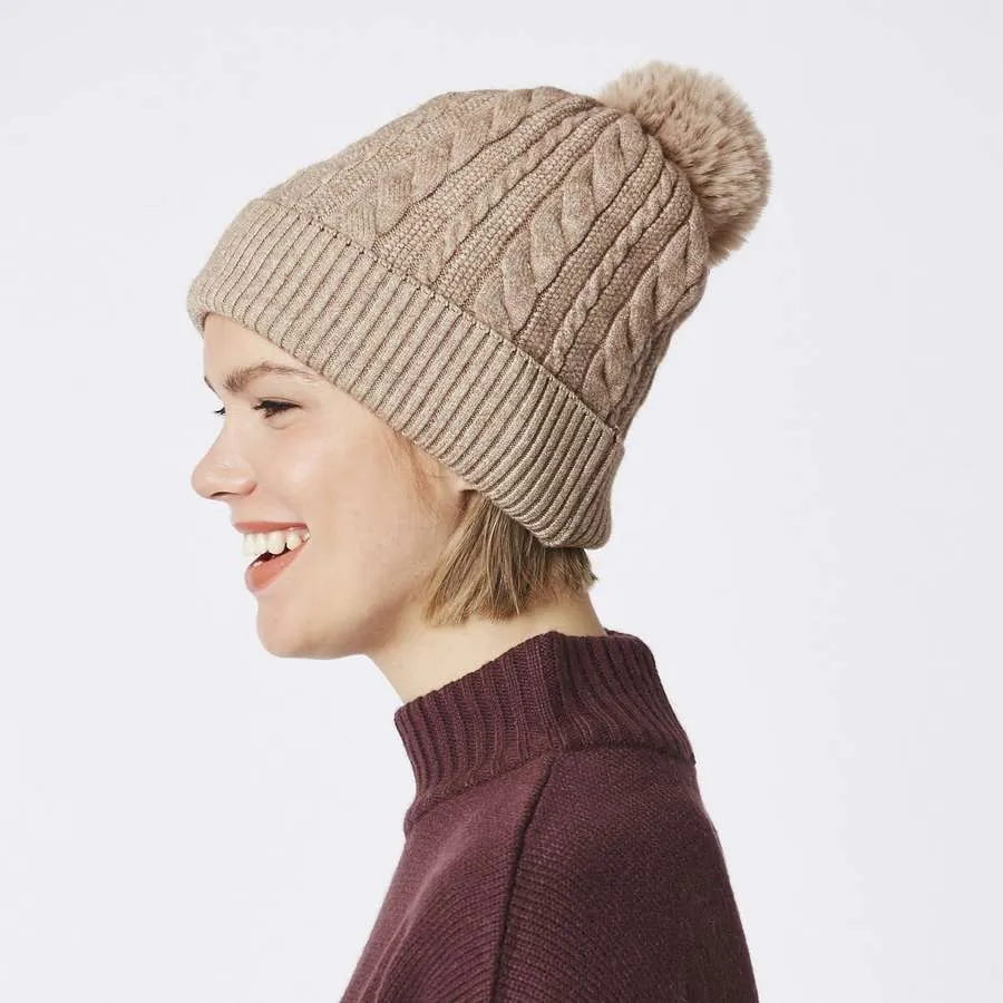 Luxury Faux Fur Pompom Hat in Taupe