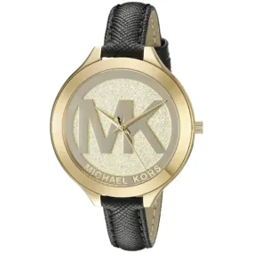 Michael Kors Slim Runway Black Leather Strap Gold Dial Quartz Watch for Ladies - MK2392