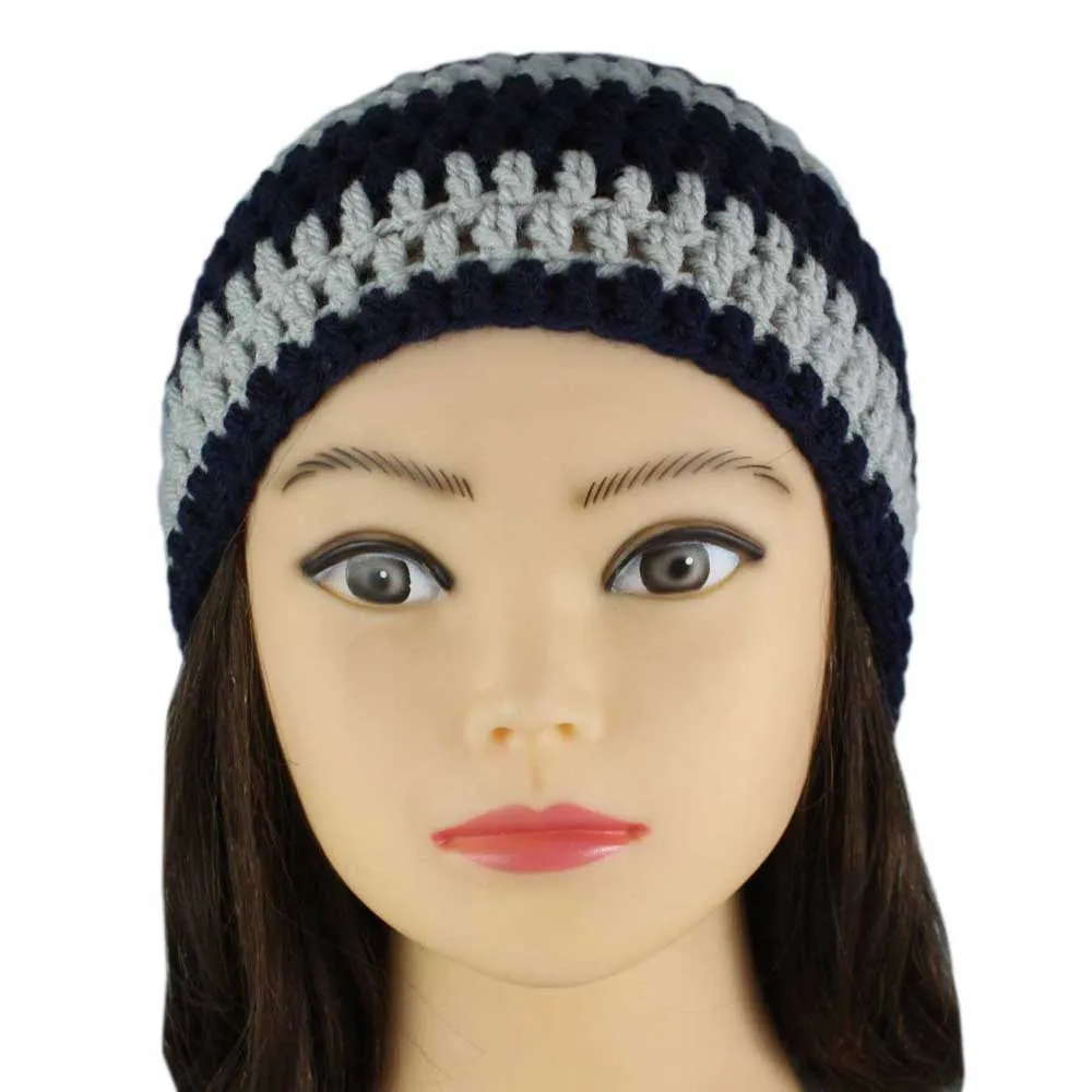 Navy Blue and Gray Crochet Beanie Hat Small/Medium - STXH15SM