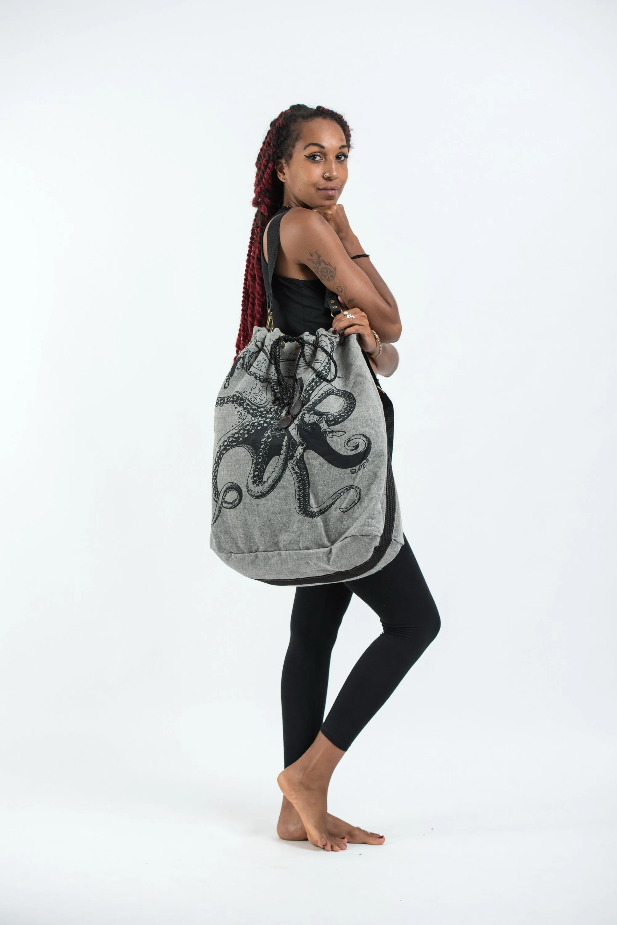 Octopus Oversize Drawstring Shoulder Bag  in Denim Gray