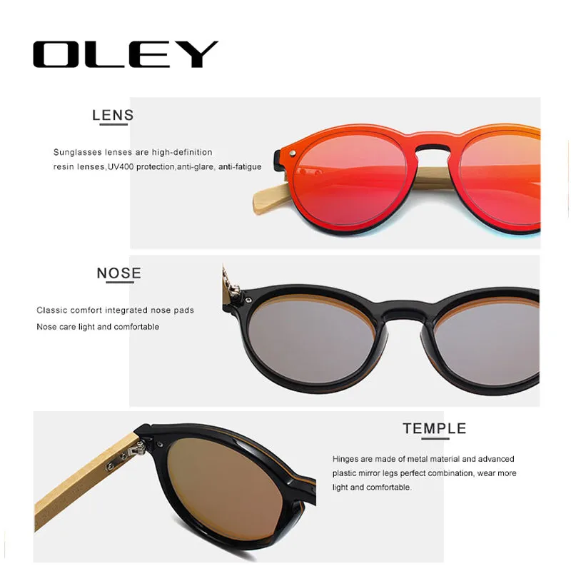 Oley Brand Bamboo Leg Hd Color Film Sunglasses Women Classic Round Overall Flat Lens Z0479