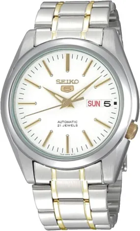 SEIKO SNKL47 Automatic Watch for Men 5-7S Collection - Minimalist White Dial with Day/Date Calendar, Luminous Hands, Stainless Steel Case & Bracelet, White, Mechanical