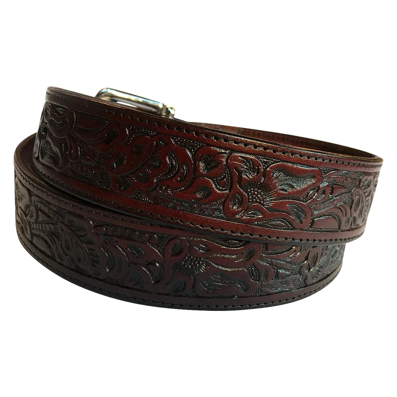 Tooled Brown Floral Genuine Leather Western Belt