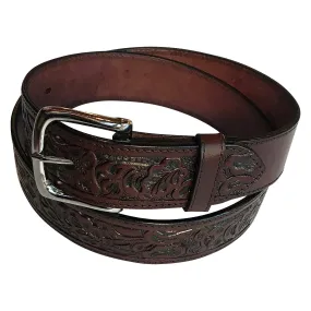 Tooled Brown Floral Genuine Leather Western Belt