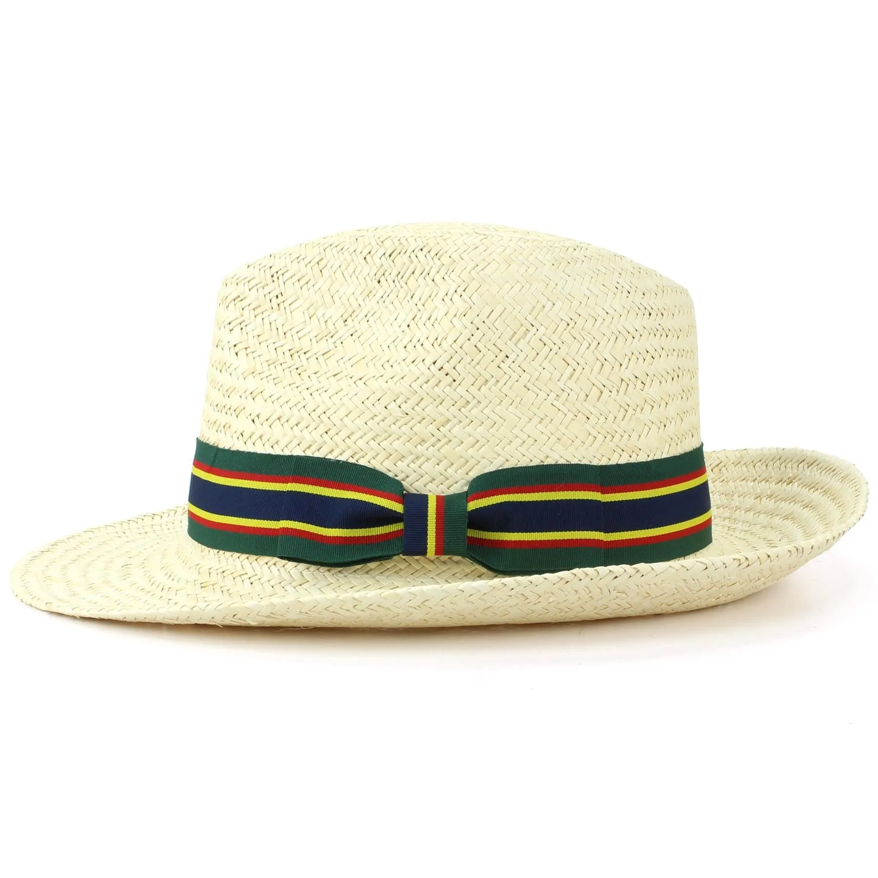 Wide Brim Straw Panama Fedora Hat - Green & Navy