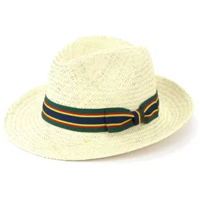 Wide Brim Straw Panama Fedora Hat - Green & Navy