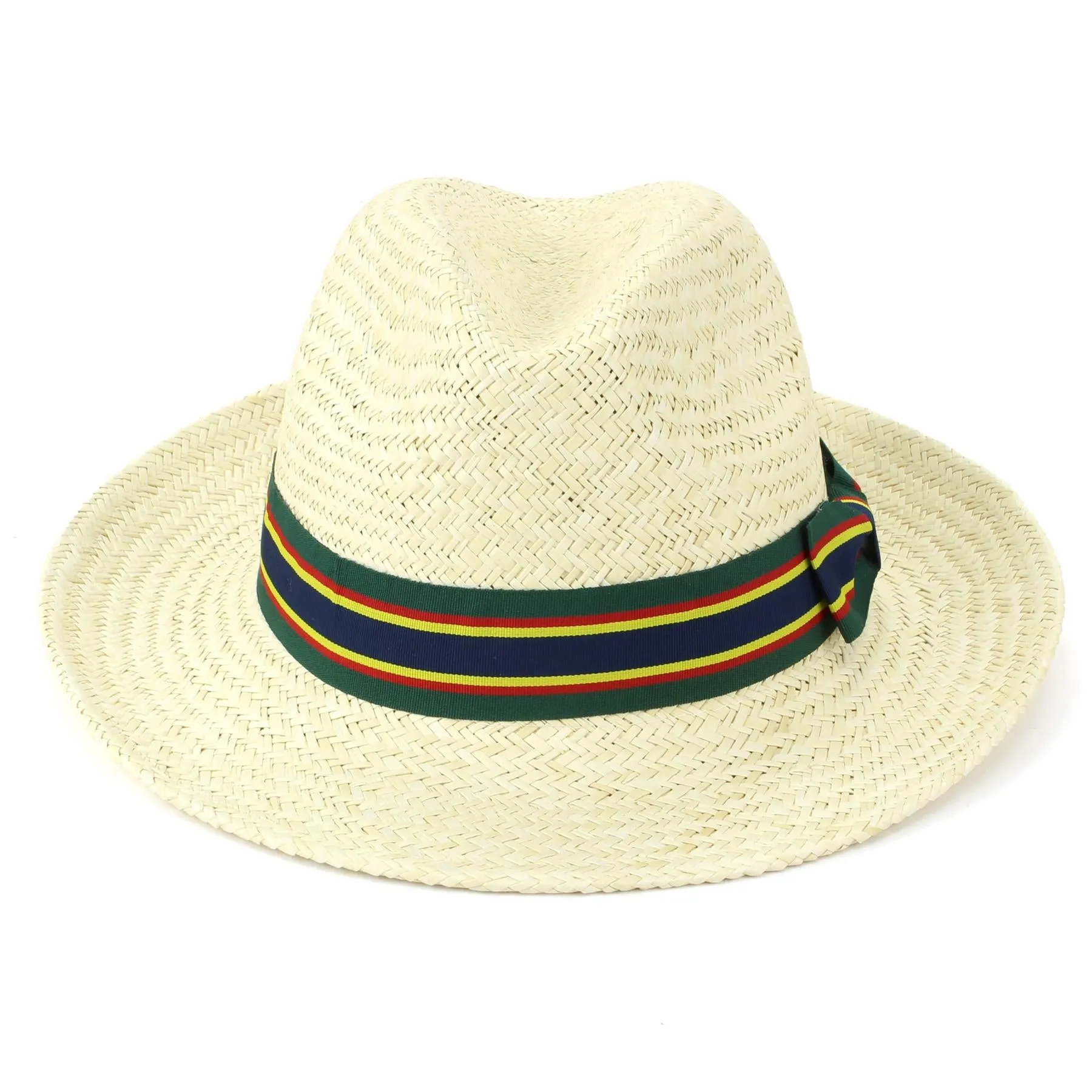 Wide Brim Straw Panama Fedora Hat - Green & Navy