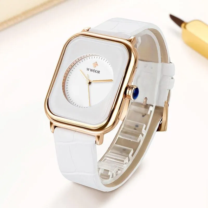 Women Leather Rectangle Minimalist  Quartz Wrist Watches