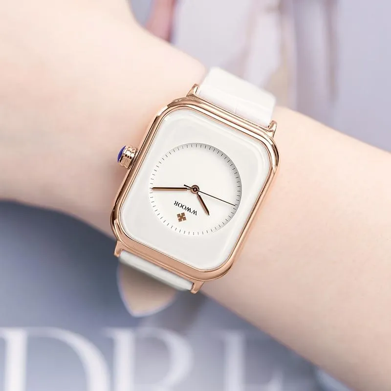 Women Leather Rectangle Minimalist  Quartz Wrist Watches