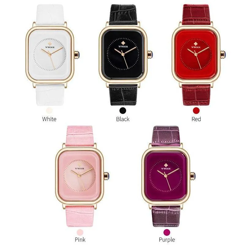 Women Leather Rectangle Minimalist  Quartz Wrist Watches