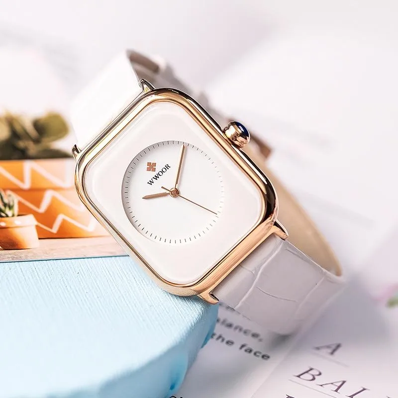 Women Leather Rectangle Minimalist  Quartz Wrist Watches