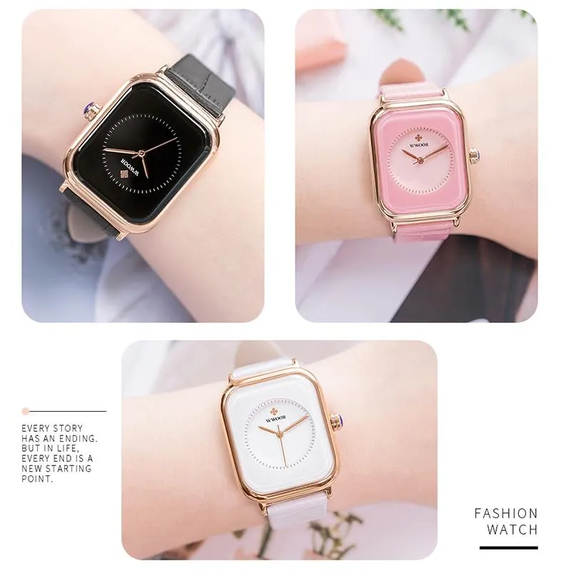 Women Leather Rectangle Minimalist  Quartz Wrist Watches