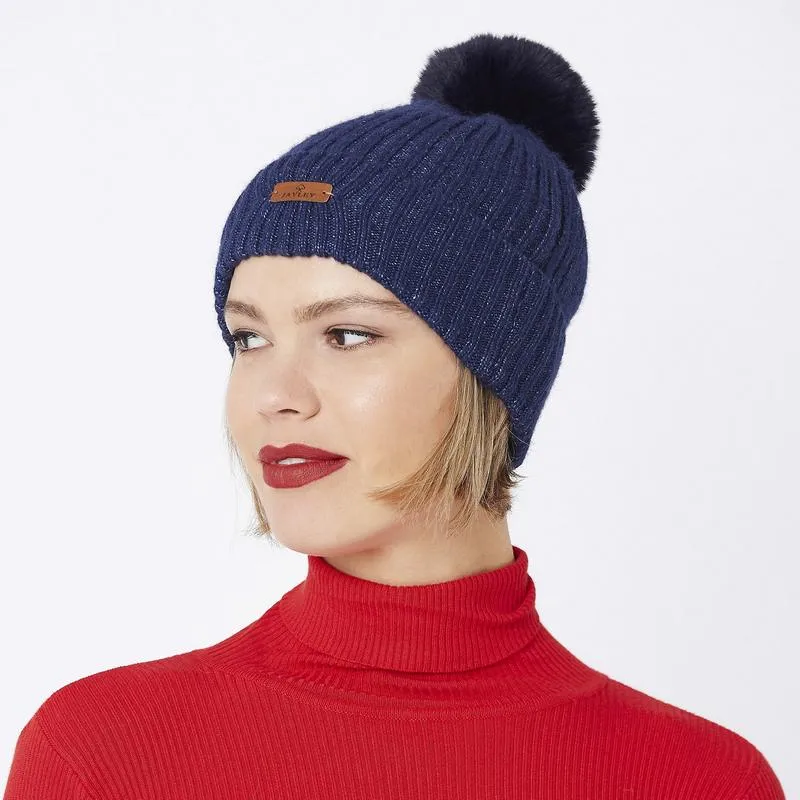 Wool Faux Fur PomPom Hat in Navy