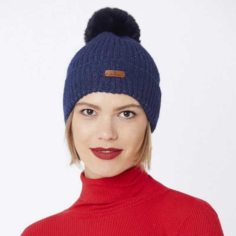 Wool Faux Fur PomPom Hat in Navy